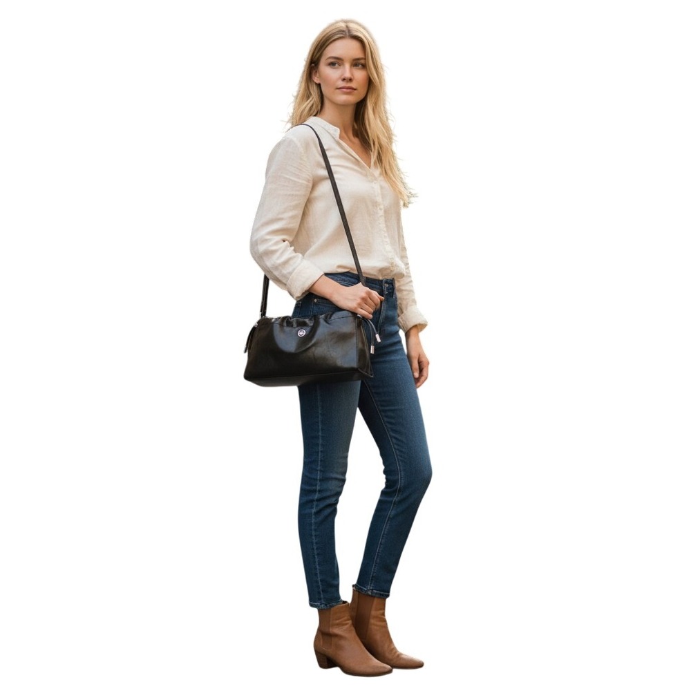 Michael Kors Matilda Black Glazed Leather Crossbody Bag 35T6SMTC5U Silver Logo - Picture 2 of 6
